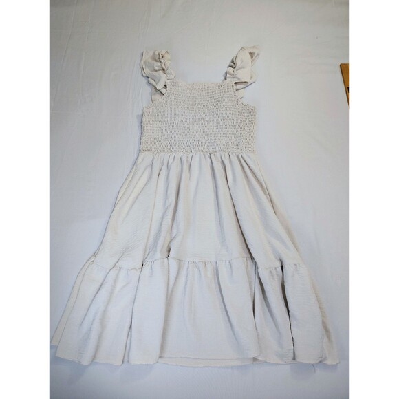 Unbranded Dresses & Skirts - Beige Smocked Ruffle Sleeve Fit & Flare Dress Sz S Sun Dress Beach Coastal